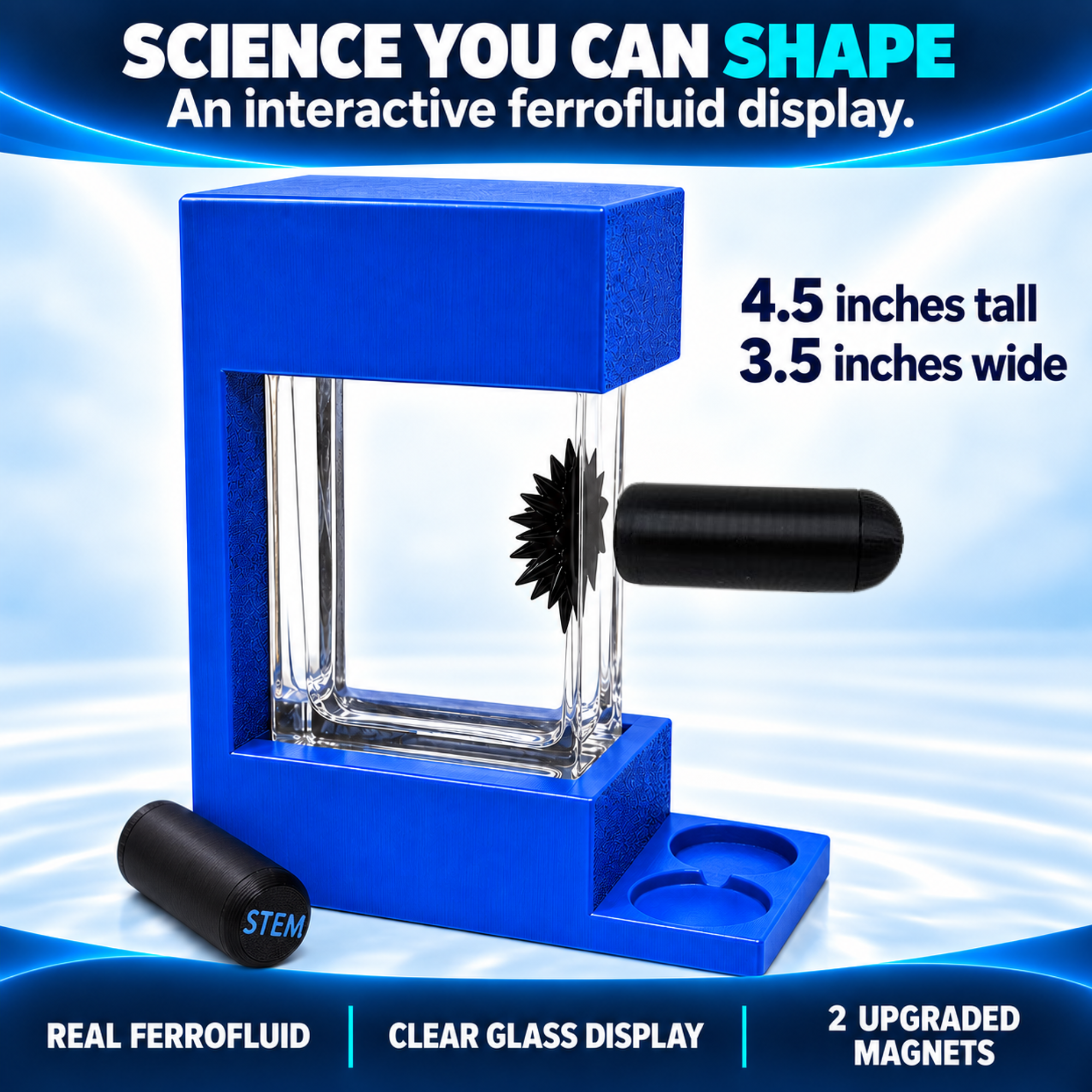 Framed ferrofluid display dimensions and included accessories
