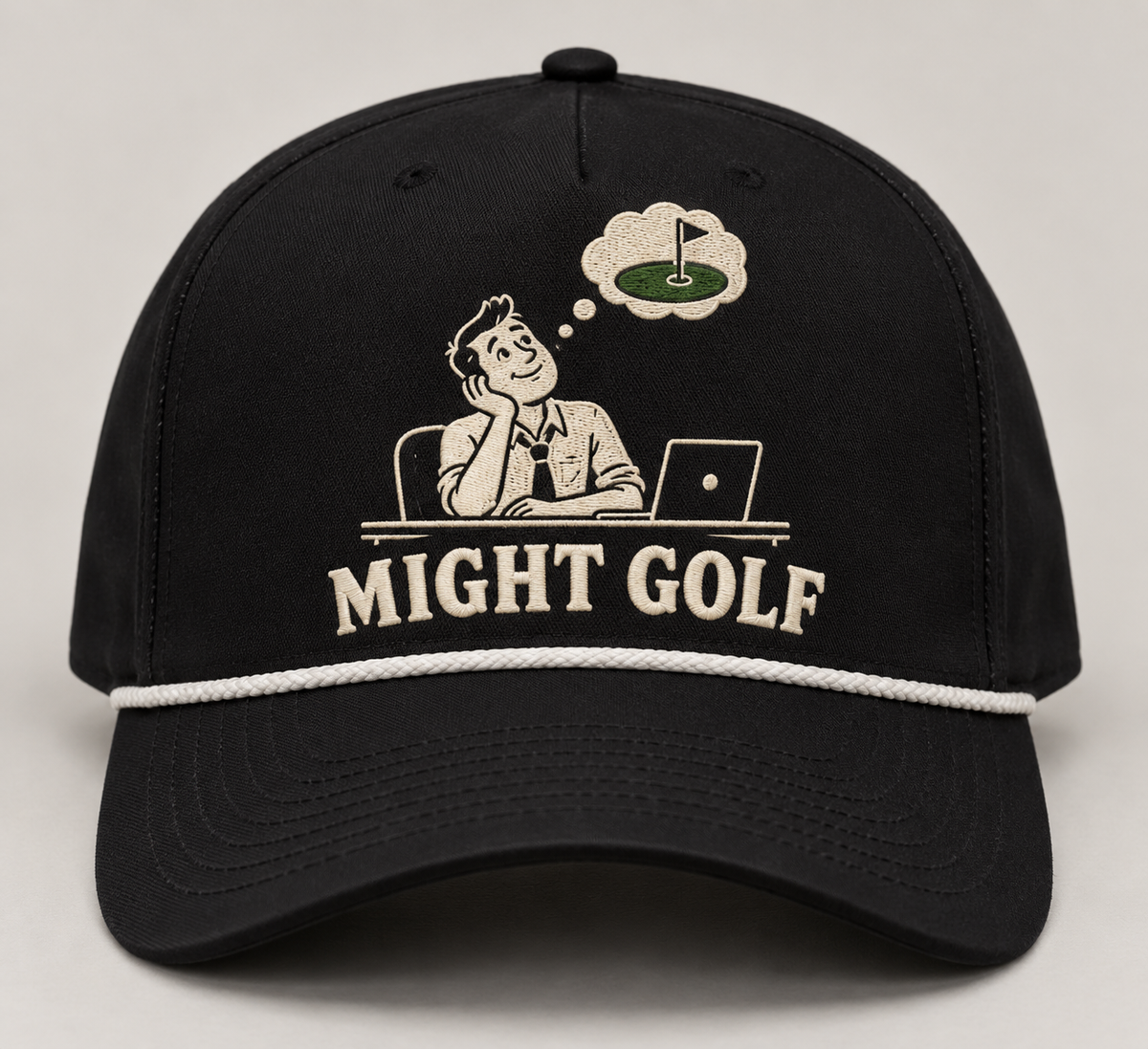 Might Golf — office daydream design on black hat with white rope