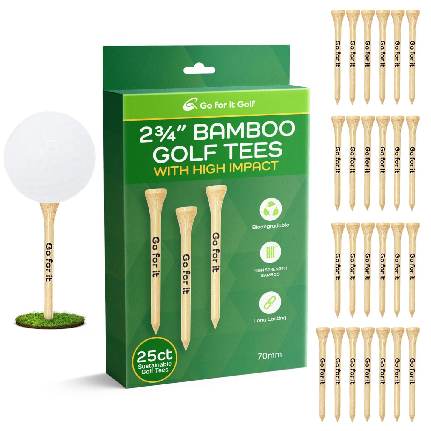 2 3/4 Golf Tees Golf Tees Made from Premium Bamboo for Strength, Low Friction & Resistance Golfing | Available in 2-3/4" (2.75")