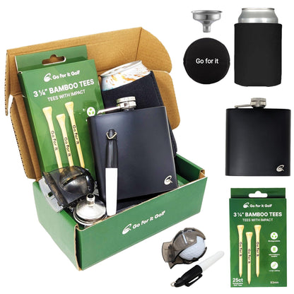 Collection Box - Complete Golfer's Set with Flask, Funnel, Can Insulator, 25ct 3.25 inch Golf Tees & Ball Marker Holder For Men & Women Golfer Ethusiast