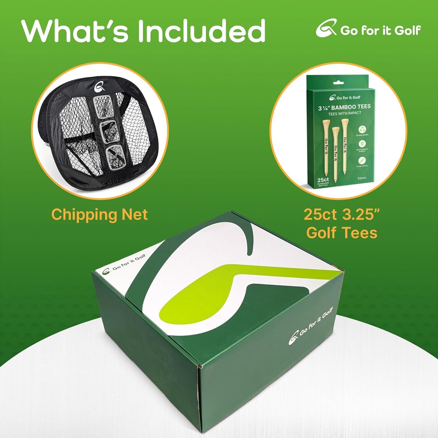 Kit - Golf Training Accessories for Indoor, Outdoor, or Backyard Practice - includes a Collapsible, Pop Up Chipping Net and 25ct of 3.25" High Strength Wooden Golf Tees