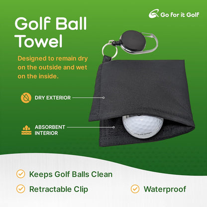 Golf Ball Towel - Dry-Outside Moist-Inside Dual Layer Function with Retractable Clip 30 Inch long - Absorbent Cleaner for Golf Balls and Clubs