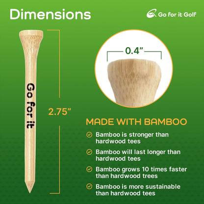 2 3/4 Golf Tees Golf Tees Made from Premium Bamboo for Strength, Low Friction & Resistance Golfing | Available in 2-3/4" (2.75")