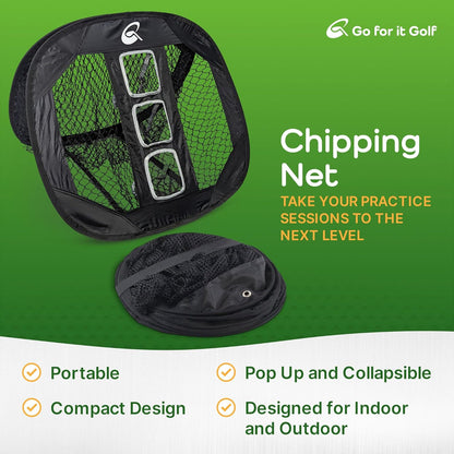 Kit - Golf Training Accessories for Indoor, Outdoor, or Backyard Practice - includes a Collapsible, Pop Up Chipping Net and 25ct of 3.25" High Strength Wooden Golf Tees