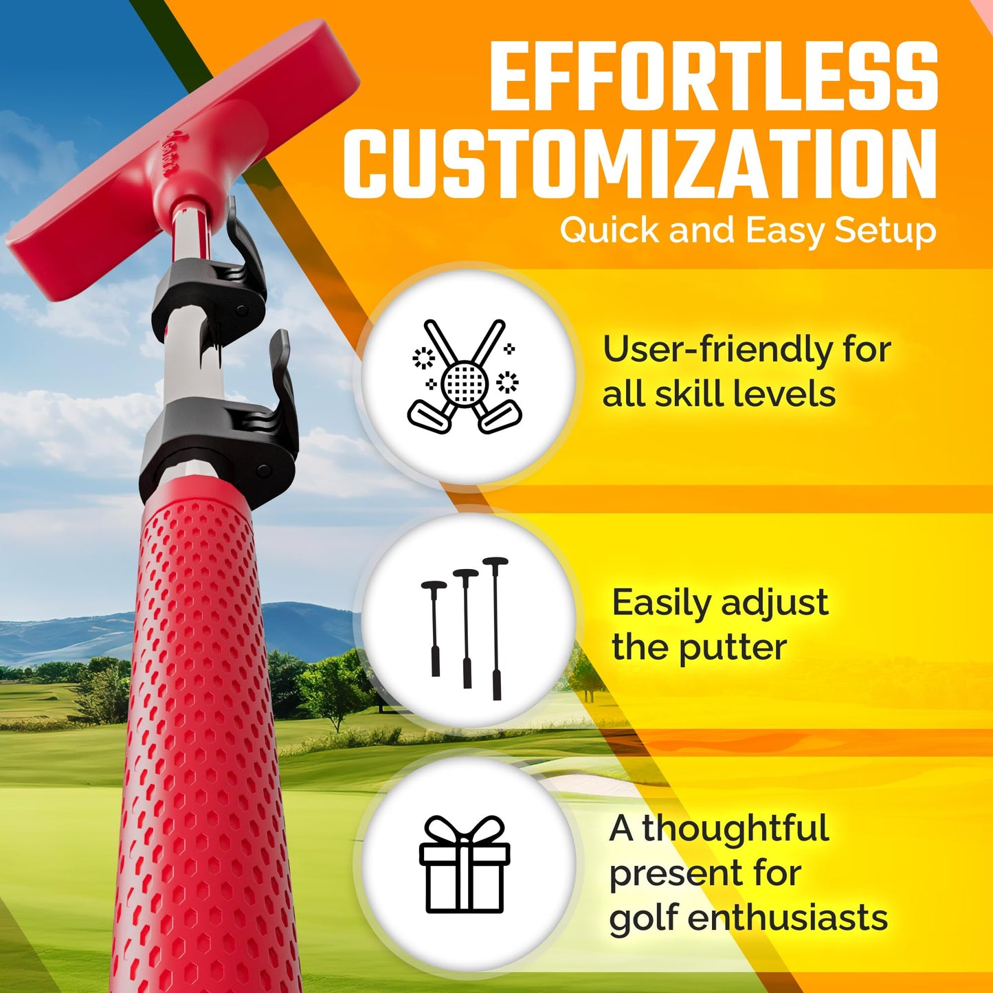 Kids Putter - Extendable Shaft for Junior Golfers - Adjustable Size for Right and Left Hand - Perfect Training Club for Kids - includes 3 Balls, Cup with Flag (RED)