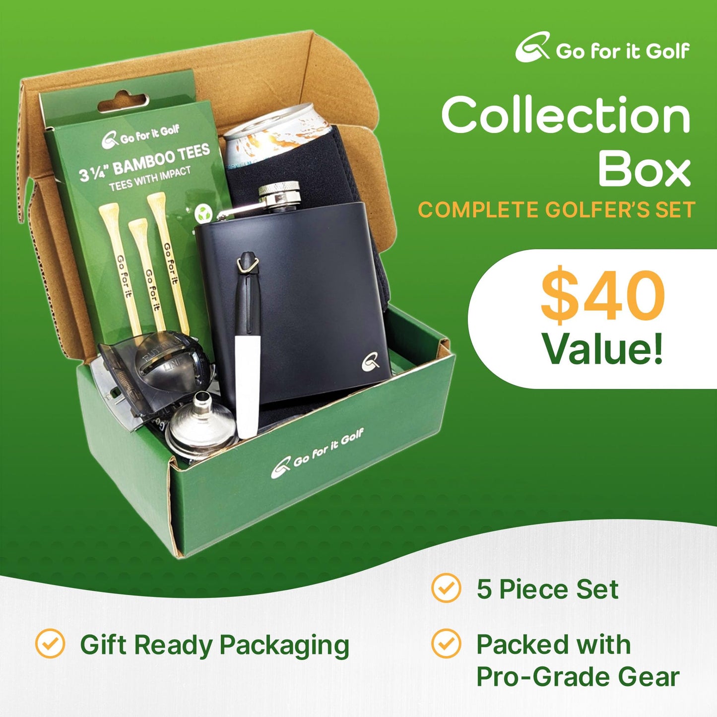 Collection Box - Complete Golfer's Set with Flask, Funnel, Can Insulator, 25ct 3.25 inch Golf Tees & Ball Marker Holder For Men & Women Golfer Ethusiast