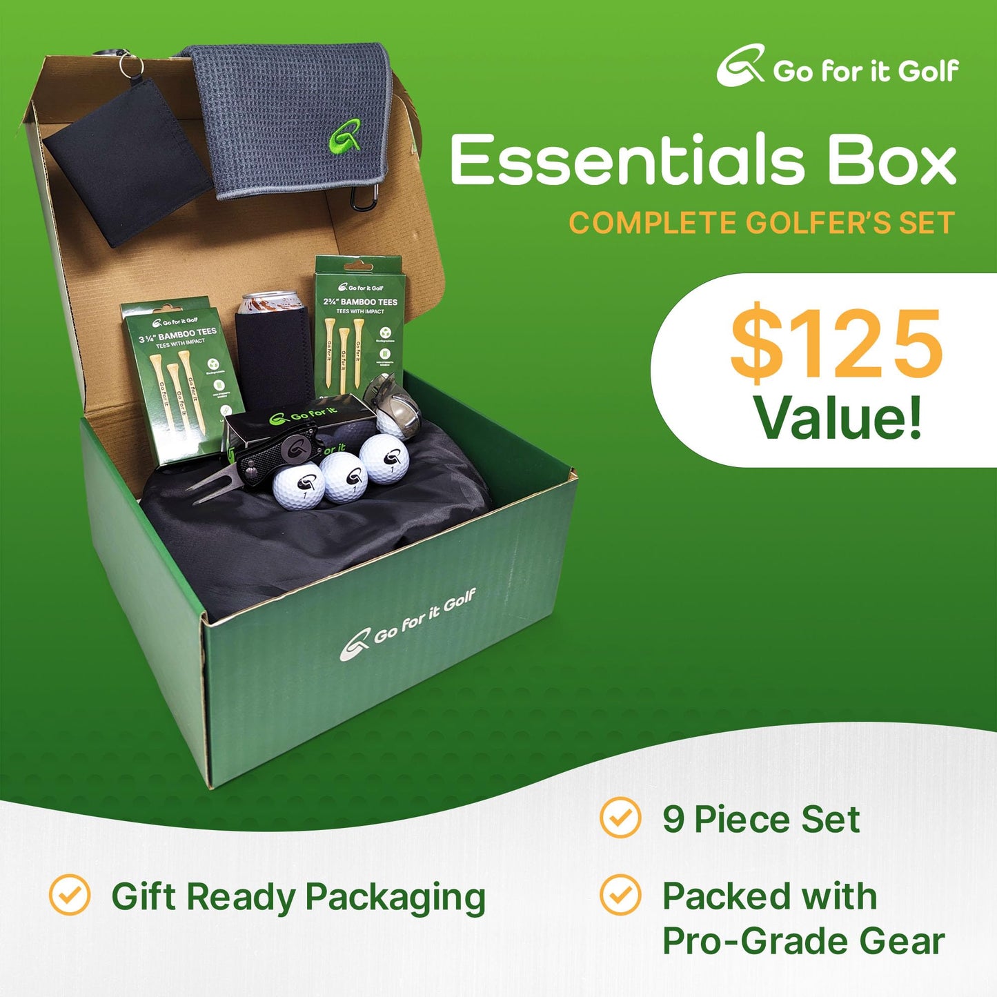 Essentials Box - Complete Golfer's Set with Golf Balls, Dual-Length Tees, Towels, Ball Mark Repair Tool, Marker Holder, Chipping Net & Can Sleeve Accessories - for Men & Women Golfers