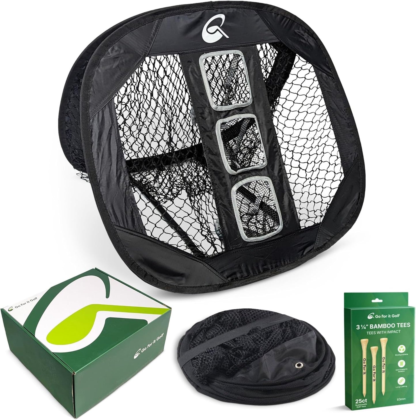 Kit - Golf Training Accessories for Indoor, Outdoor, or Backyard Practice - includes a Collapsible, Pop Up Chipping Net and 25ct of 3.25" High Strength Wooden Golf Tees