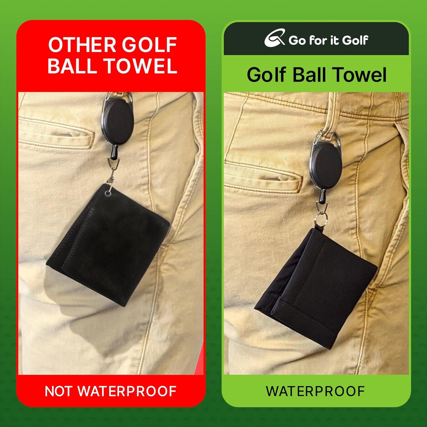 Golf Ball Towel - Dry-Outside Moist-Inside Dual Layer Function with Retractable Clip 30 Inch long - Absorbent Cleaner for Golf Balls and Clubs