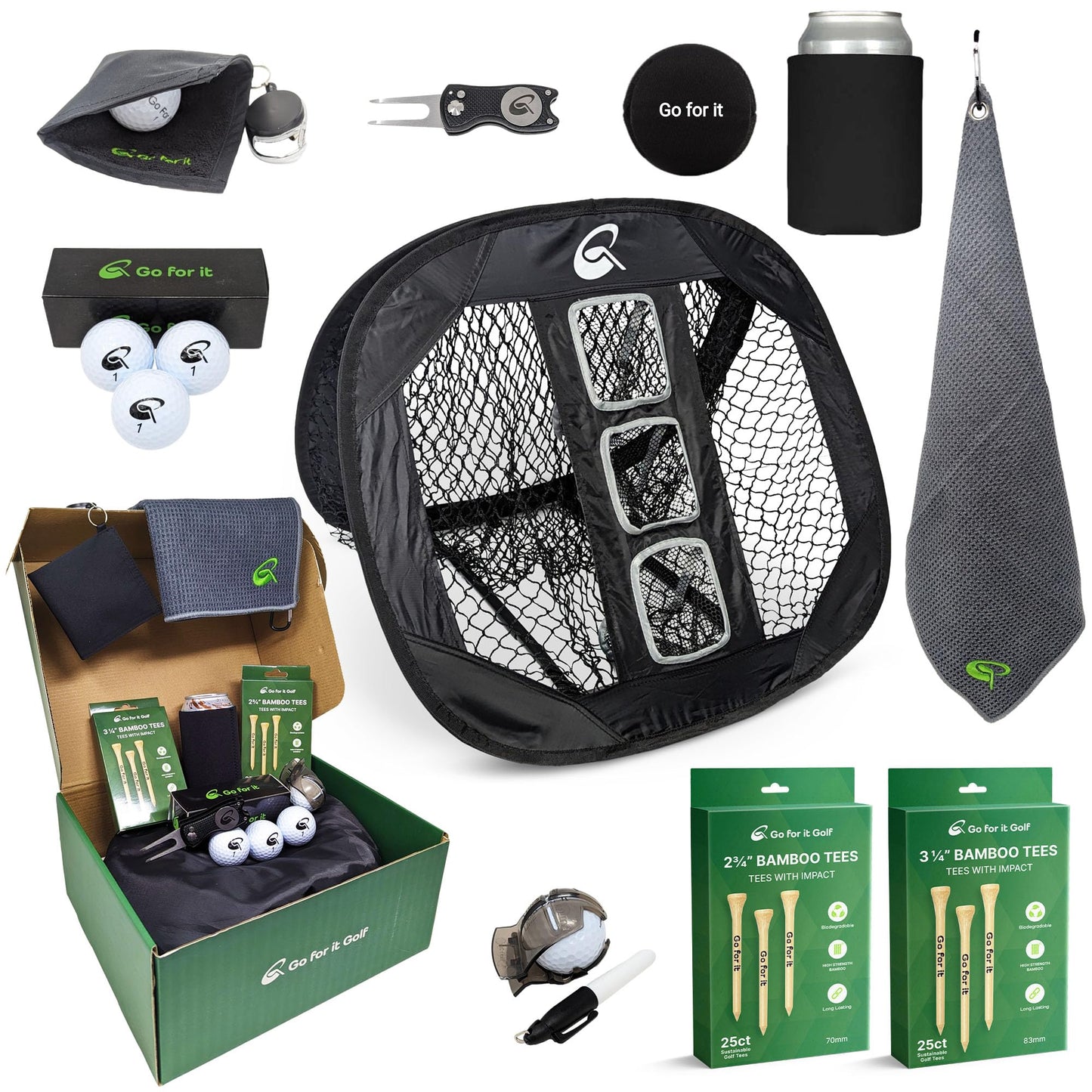 Essentials Box - Complete Golfer's Set with Golf Balls, Dual-Length Tees, Towels, Ball Mark Repair Tool, Marker Holder, Chipping Net & Can Sleeve Accessories - for Men & Women Golfers