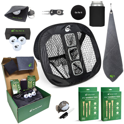 Essentials Box - Complete Golfer's Set with Golf Balls, Dual-Length Tees, Towels, Ball Mark Repair Tool, Marker Holder, Chipping Net & Can Sleeve Accessories - for Men & Women Golfers