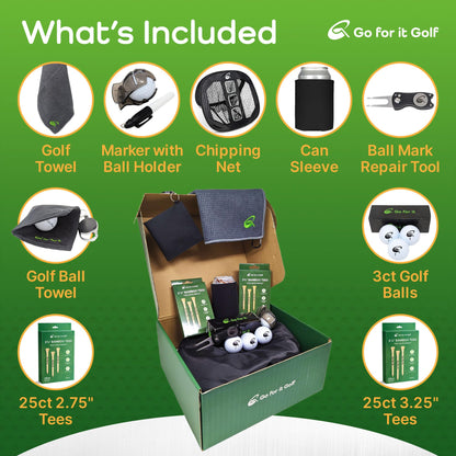 Essentials Box - Complete Golfer's Set with Golf Balls, Dual-Length Tees, Towels, Ball Mark Repair Tool, Marker Holder, Chipping Net & Can Sleeve Accessories - for Men & Women Golfers