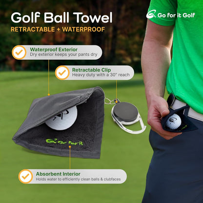 Golf Ball Towel - Dry-Outside Moist-Inside Dual Layer Function with Retractable Clip 30 Inch long - Absorbent Cleaner for Golf Balls and Clubs