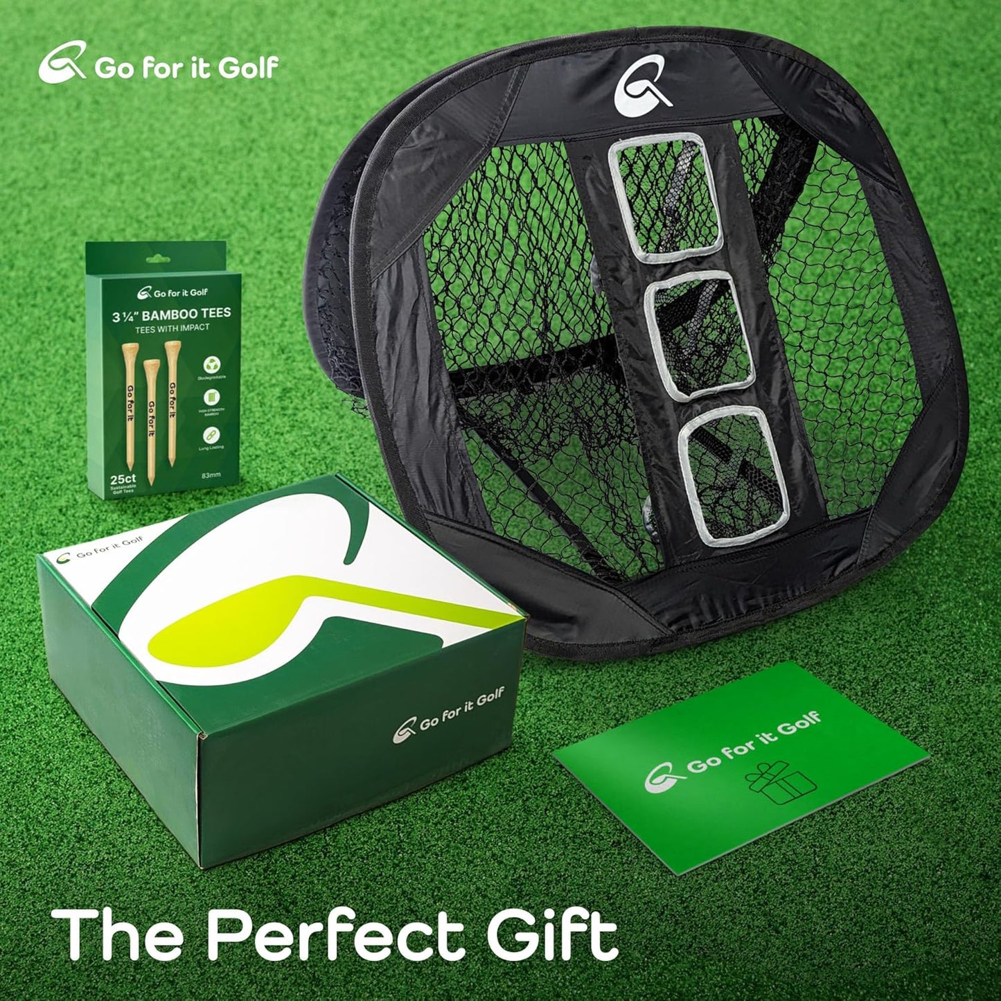 Kit - Golf Training Accessories for Indoor, Outdoor, or Backyard Practice - includes a Collapsible, Pop Up Chipping Net and 25ct of 3.25" High Strength Wooden Golf Tees