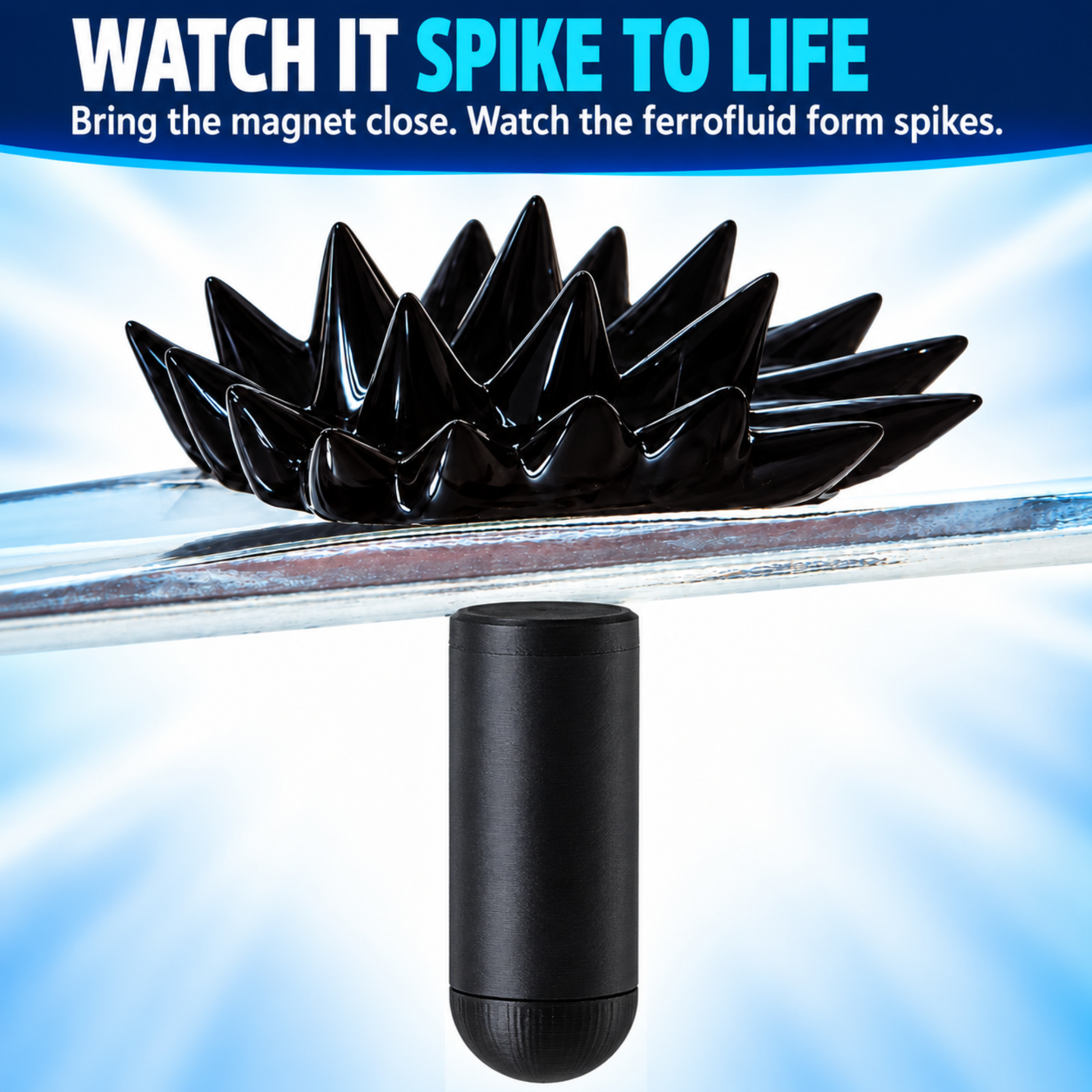 Close view of ferrofluid forming magnetic spikes