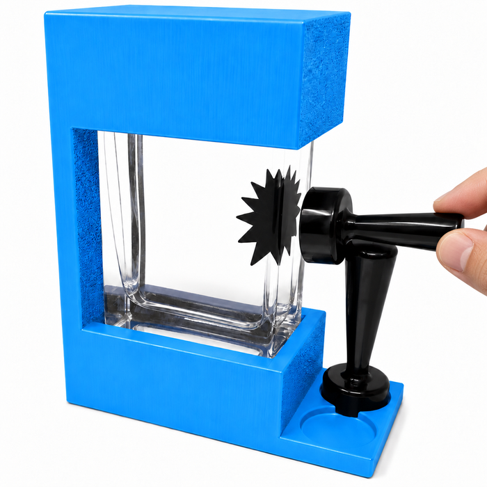 ocean-blue rectangular ferrofluid display - hand holding magnet