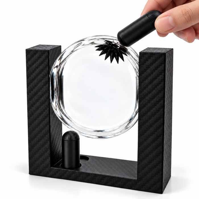Black round ferrofluid display with hand holding the magnet