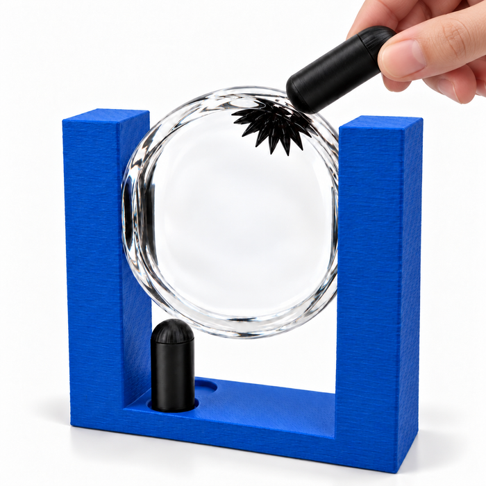 Blue round ferrofluid display with hand holding the magnet
