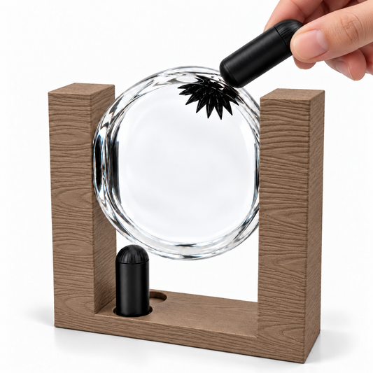 Wood-color round ferrofluid display with hand holding the magnet