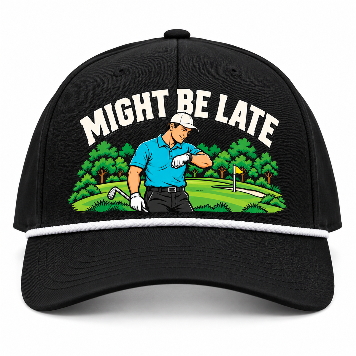 Might Be Late artwork on black golf hat with white rope