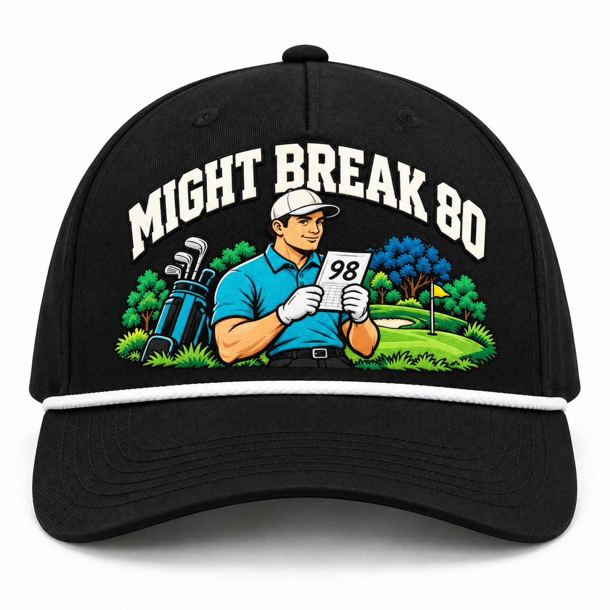 Might Break 80 artwork on black golf hat with white rope