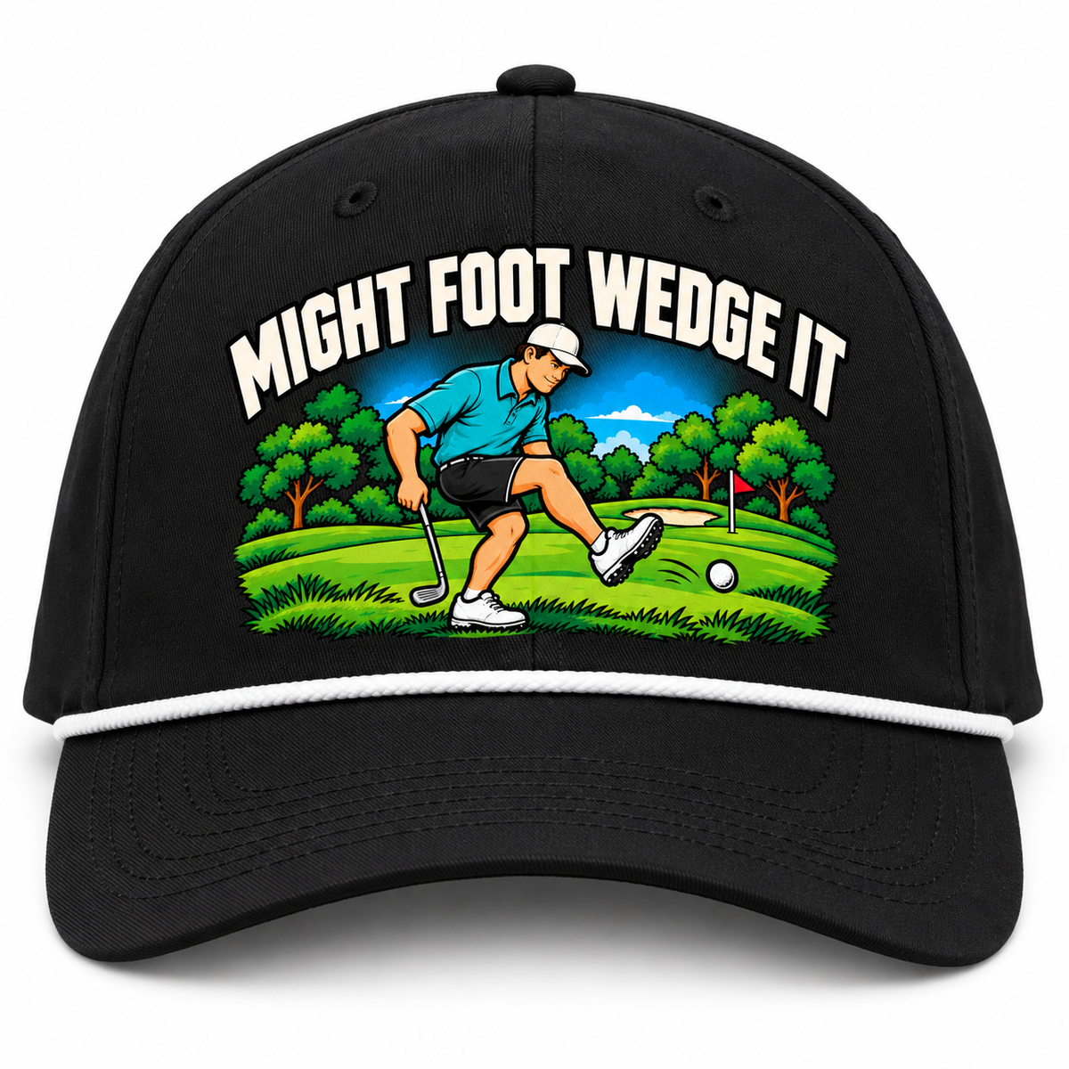 Might Foot Wedge It artwork on black golf hat with white rope