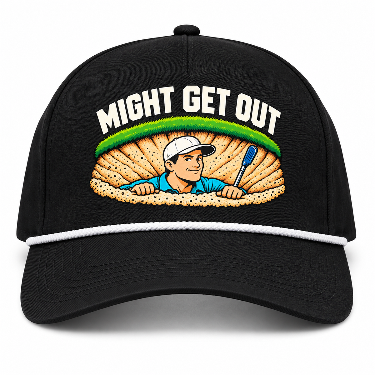 Might Get Out artwork on black golf hat with white rope
