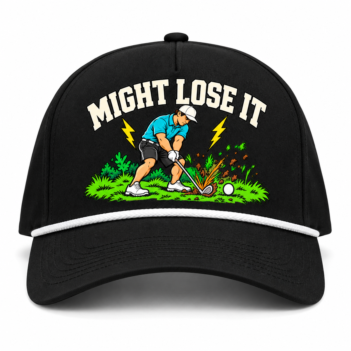 Might Lose It artwork on black golf hat with white rope