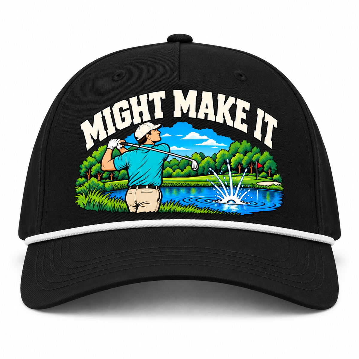 Might Make It artwork on black golf hat with white rope