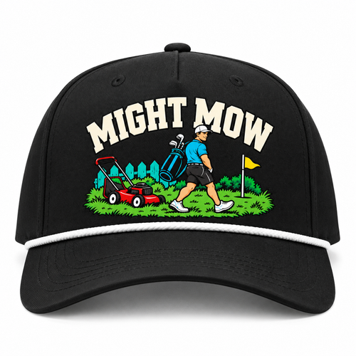 Might Mow artwork on black golf hat with white rope