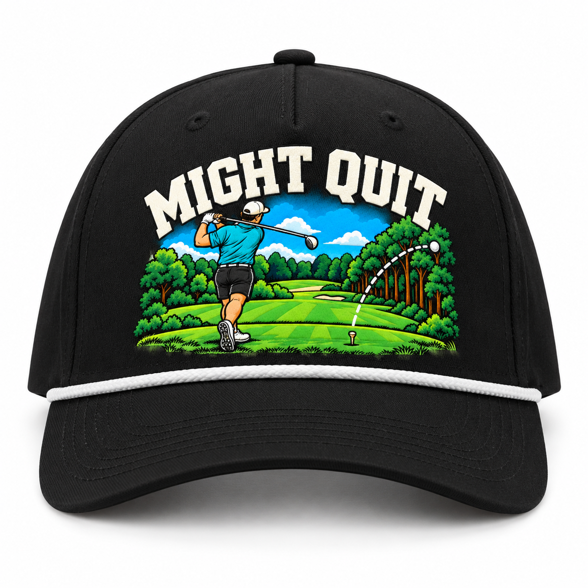 Might Quit artwork on black golf hat with white rope
