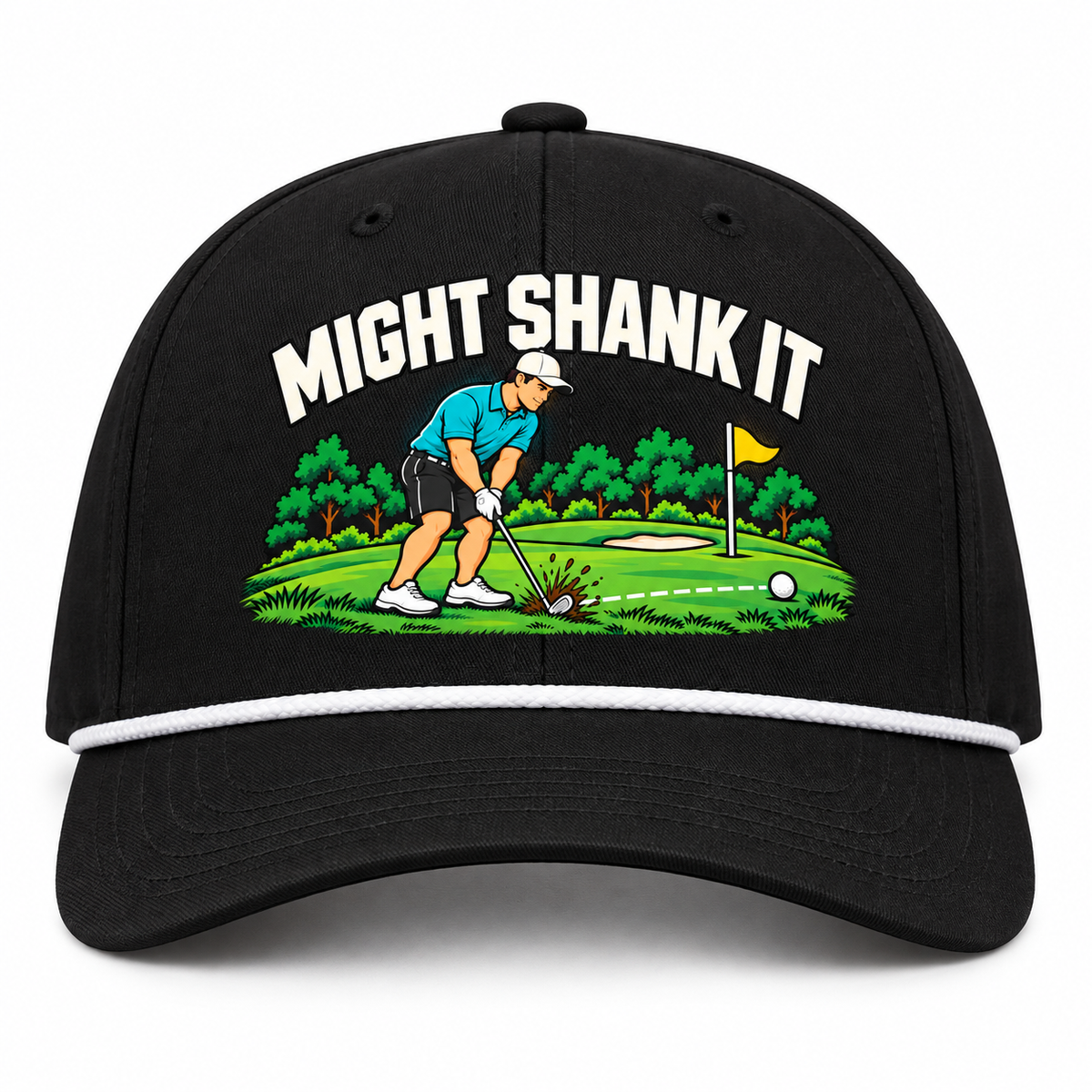 Might Shank It artwork on black golf hat with white rope