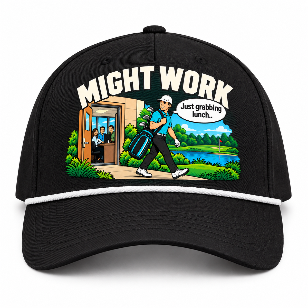 Might Work artwork on black golf hat with white rope