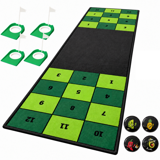 Obsidian putting mat with four cups, flags, and character ball markers