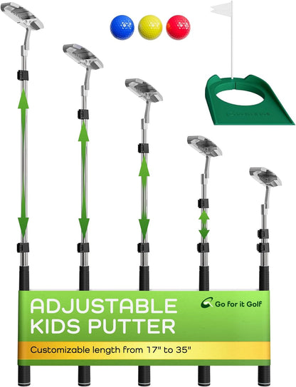 Kids Putter with Extendable Shaft - Adjustable Size for Junior Golfers - Left and/or Right Handed - Ideal Training Club for Children, Youth - includes 3 Pcs Balls - Silver, 17"-35" (Right Hand)