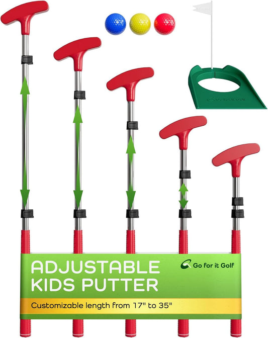 Kids Putter - Extendable Shaft for Junior Golfers - Adjustable Size for Right and Left Hand - Perfect Training Club for Kids - includes 3 Balls, Cup with Flag (RED)