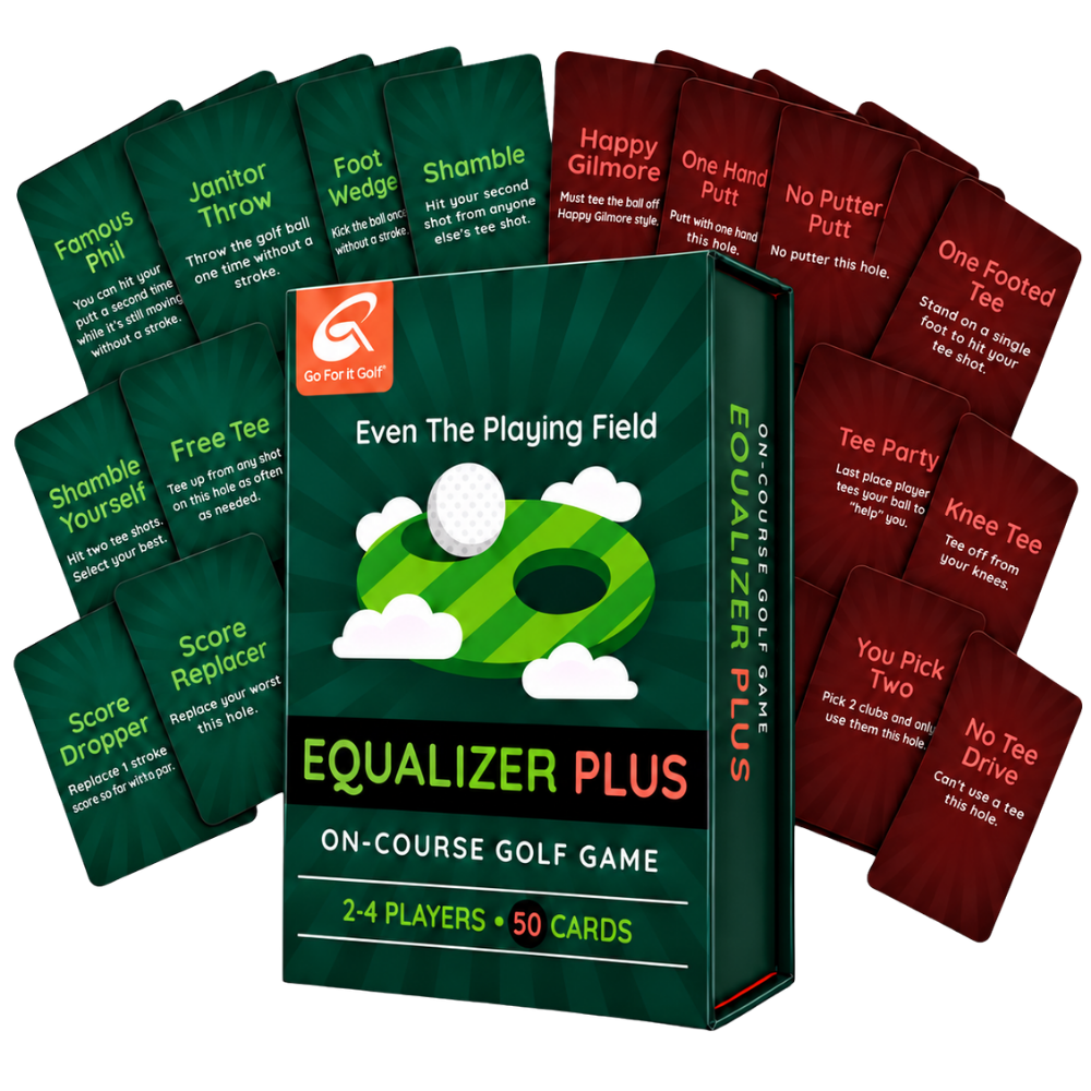 EqualizerPLUS box surrounded by green advantage cards and red challenge cards, including One Footed Tee
